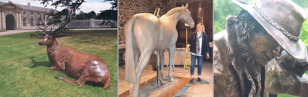 Woburn stag, Sculptor Mairi Hunt with her lifesize horse sculpture, lifesize sculpture of scarecrow